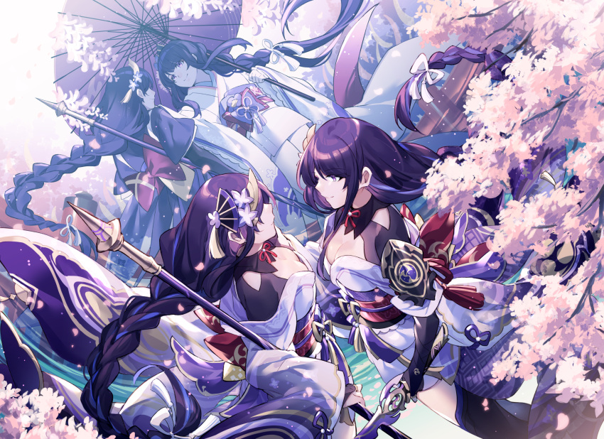 2girls armor braid braided_ponytail branch breasts bridal_gauntlets cherry_blossoms choker cleavage commentary_request downblouse engulfing_lightning_(genshin_impact) face-to-face fan_hair_ornament flower genshin_impact hair_ribbon highres hizuki_miya holding holding_polearm holding_sword holding_weapon japanese_clothes kimono light_smile long_hair looking_at_another low-tied_long_hair makoto_(genshin_impact) memory mitsudomoe_(shape) mole mole_under_eye multiple_girls musou_isshin_(genshin_impact) obi obiage obijime oil-paper_umbrella pauldrons petals polearm purple_eyes purple_flower purple_hair purple_kimono purple_legwear purple_nails purple_rope raiden_shogun red_ribbon red_rope ribbon ribbon_choker rope sash short_kimono shoulder_armor shrug_(clothing) single_pauldron spear spoilers sword tassel thighhighs tomoe_(symbol) umbrella very_long_hair weapon white_kimono white_ribbon yellow_rope