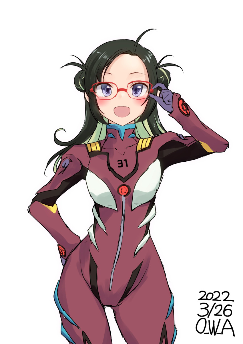 ahoge artist_name bespectacled black_hair bodysuit cosplay cowboy_shot dated double_bun evangelion:_2.0_you_can_(not)_advance forehead glasses green_hair highres kantai_collection long_hair look-alike makinami_(kancolle) makinami_mari_illustrious makinami_mari_illustrious_(cosplay) multicolored_hair namesake neon_genesis_evangelion one-hour_drawing_challenge owa_(ishtail) plugsuit purple_bodysuit rebuild_of_evangelion red-framed_eyewear simple_background white_background