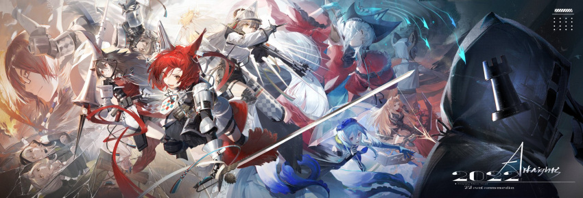 1other 2022 2boys 6+girls :d absurdly_long_hair ambiguous_gender animal_ears aqua_gloves aqua_headwear archetto_(arknights) arknights armor ashlock_(arknights) bare_shoulders black_shirt black_shorts blonde_hair blue_hair bow bow_(weapon) brown_eyes brown_hair carnelian_(arknights) cat_ears celebration chess_piece closed_eyes clothing_cutout coat compound_bow copyright_name crossbow doctor_(arknights) dress dual_persona ear_covers ears_through_headwear facing_away fartooth_(arknights) feather_hair flametail_(arknights) gauntlets glasses gloves gnosis_(arknights) goat_ears goat_girl goat_horns grin hair_ornament happy_new_year hat headgear heterochromia highres holding holding_bow holding_crossbow holding_polearm holding_umbrella holding_weapon hood hood_up horns jewelry kal'tsit_(arknights) knee_pads lance long_hair looking_at_viewer low_ponytail mizuki_(arknights) multicolored_hair multiple_boys multiple_girls navel navel_cutout nearl_(arknights) nearl_the_radiant_knight_(arknights) necklace official_alternate_costume open_mouth oripathy_lesion_(arknights) pauldrons pink_eyes polearm red_dress red_eyes red_hair red_shirt rook_(chess) scroll semi-rimless_eyewear shirt short_hair shorts shoulder_armor skadi_(arknights) skadi_the_corrupting_heart_(arknights) smile streaked_hair tiara transparent transparent_umbrella umbrella under-rim_eyewear very_long_hair visor_(armor) weapon white_coat wild_mane_(arknights) yellow_eyes zebai7339