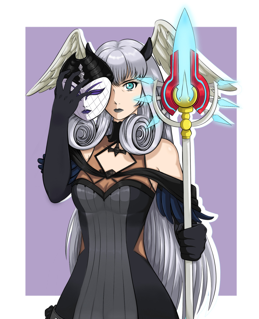 1girl absurdres bangs black_dress black_lips blue_eyes curly_hair dress drop_shadow ememtrp gothic highres long_hair mask mask_removed melia_antiqua monado non-web_source simple_background staff wings xenoblade_chronicles_(series) xenoblade_chronicles_3