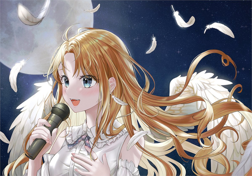 1girl bangs bare_shoulders blonde_hair bukkuming collar detached_sleeves feathered_wings feathers fingernails floating_hair frilled_collar frills full_moon full_moon_wo_sagashite hand_on_own_chest kouyama_mitsuki long_hair microphone moon music night open_mouth parted_bangs singing solo teeth upper_body white_feathers white_wings wind wings