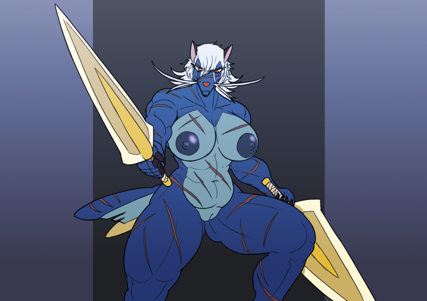 anthro areola big_breasts blue_body breasts chorsinnell39 female genitals hair hi_res holding_object holding_sword holding_weapon melee_weapon nintendo nipples pok&eacute;mon pok&eacute;mon_(species) pussy samurott scar solo sword video_games weapon white_hair