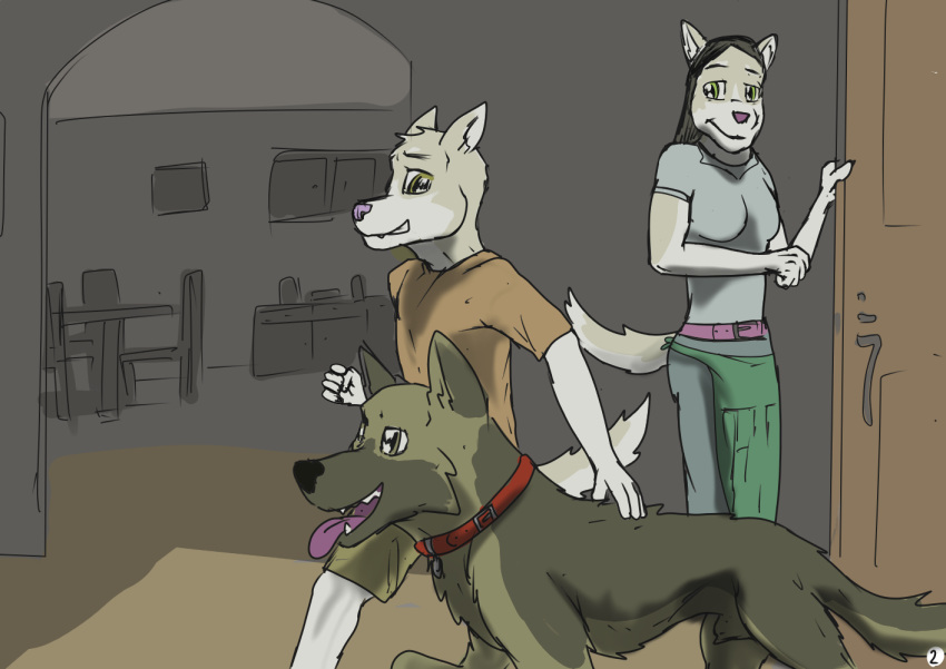 anthro axel brown_body canid canine canis collar domestic_dog duo german_shepherd herding_dog husky inside male male/male mammal max_(disambiguation) nordic_sled_dog pastoral_dog running spitz wolfyalex96_(artist)