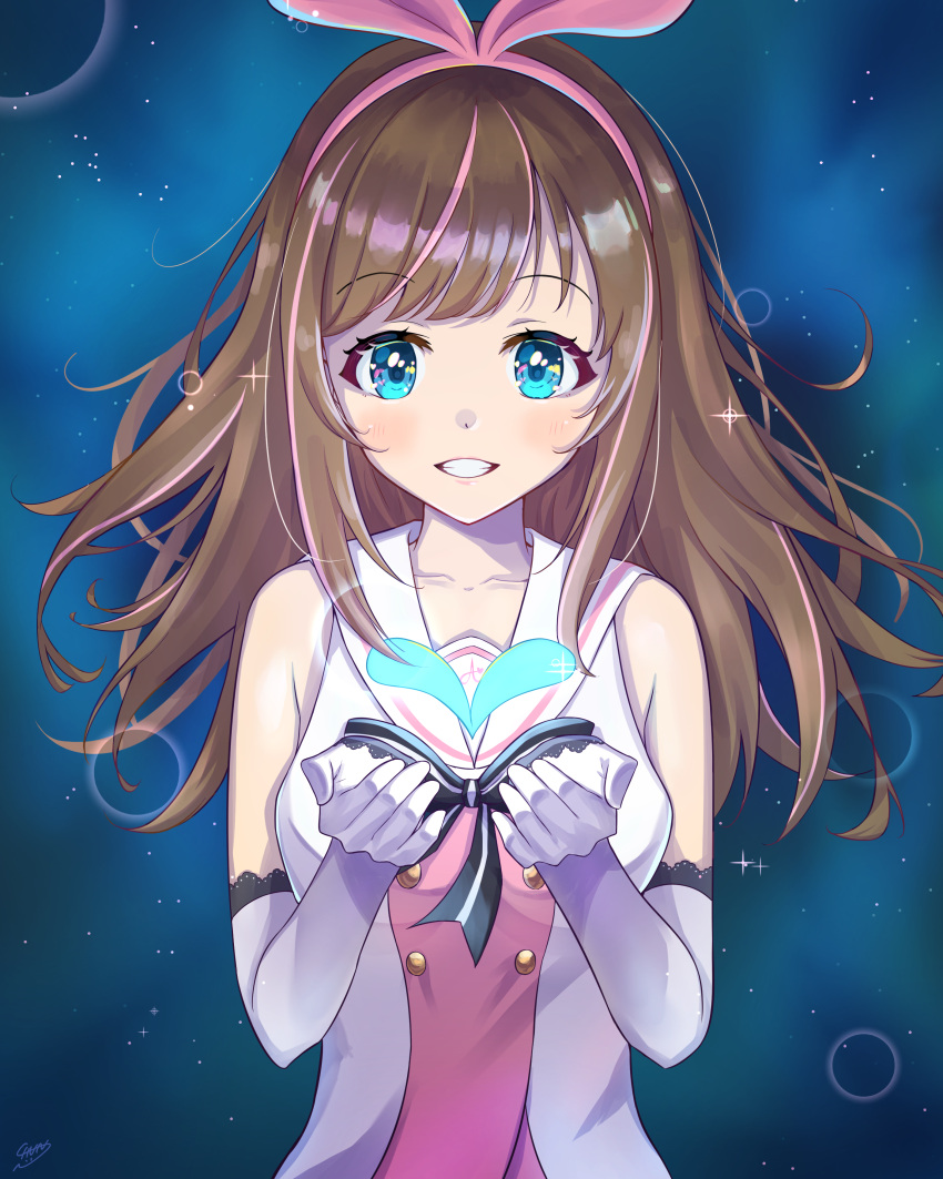 1girl absurdres blue_background blue_eyes brown_hair collarbone collared_shirt elbow_gloves floating_hair gloves grin hairband highres kizuna_ai kizuna_ai_inc. long_hair multicolored_hair pink_hairband sailor_collar sailor_shirt shiny shiny_hair shirt shun_illustbscr sleeveless sleeveless_shirt smile solo streaked_hair upper_body virtual_youtuber white_gloves white_sailor_collar white_shirt