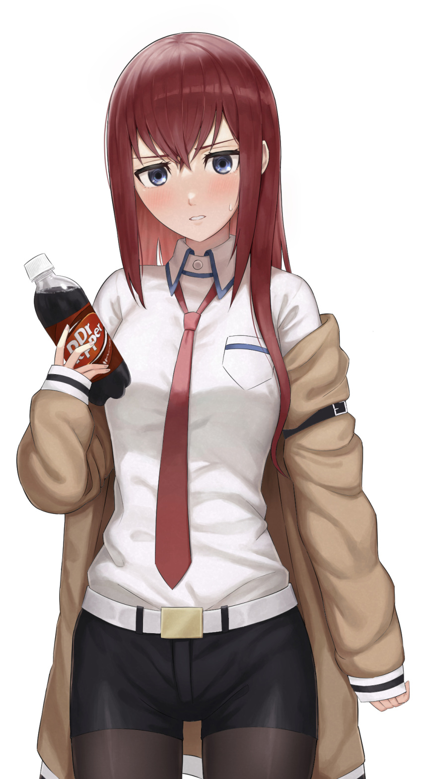 1girl bangs belt black_legwear black_shorts blue_eyes blush bottle brown_coat coat collared_shirt cowboy_shot dr_pepper fook_(gcts5284) hair_between_eyes highres holding holding_bottle legwear_under_shorts long_hair long_sleeves looking_at_viewer makise_kurisu necktie open_clothes open_coat pantyhose parted_lips red_hair red_necktie shiny shiny_hair shirt short_shorts shorts simple_background sleeves_past_wrists solo standing steins;gate straight_hair sweatdrop white_background white_belt white_shirt wing_collar