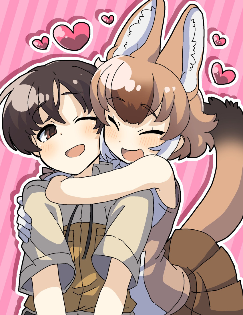 1boy 1girl animal_ears bare_shoulders blush brown_eyes brown_hair brown_shirt brown_skirt bunngaku_mayuge captain_(kemono_friends) closed_eyes collared_shirt commentary_request dhole_(kemono_friends) dog_ears dog_girl dog_tail extra_ears eyebrows_visible_through_hair highres hug kemono_friends kemono_friends_3 khakis multicolored_hair one_eye_closed pleated_skirt shirt short_hair short_sleeves skirt sleeveless tail two-tone_hair two-tone_shirt uniform white_hair white_shirt