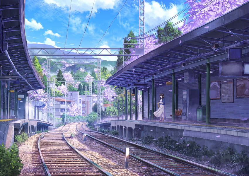 1girl absurdres artist_request blue_sky building commentary day dress english_commentary highres original overhead_line power_lines railing railroad_tracks scenery sky train_station train_station_platform vanishing_point wind