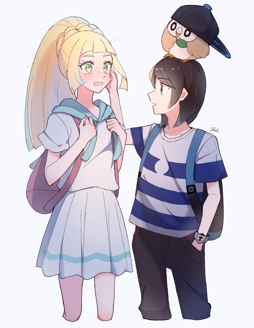 1boy 1girl backpack bag baseball_cap black_bag black_headwear black_pants blush bracelet braid commentary_request elio_(pokemon) eyelashes green_eyes hands_up hat hatted_pokemon high_ponytail highres jewelry lillie_(pokemon) open_mouth pants pleated_skirt pokemon pokemon_(creature) pokemon_(game) pokemon_sm rowlet sailor_collar shirt short_sleeves signature skirt striped striped_shirt sweat t-shirt tere_asahi white_background white_shirt white_skirt z-ring