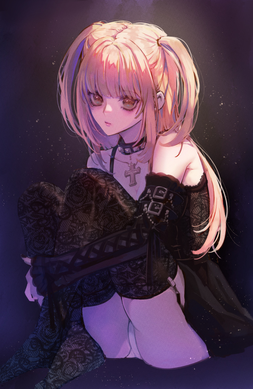 1girl amane_misa bangs black_collar black_dress black_legwear black_nails black_ribbon black_sleeves blonde_hair breasts brown_eyes cleavage closed_mouth collar collarbone cross cross_necklace death_note detached_sleeves dress eyebrows_visible_through_hair garter_straps highres hugging_own_legs jewelry long_hair long_sleeves misty_cj nail_polish necklace panties pantyshot ribbon short_dress sitting sleeveless sleeveless_dress small_breasts solo thighhighs twintails underwear very_long_hair white_panties