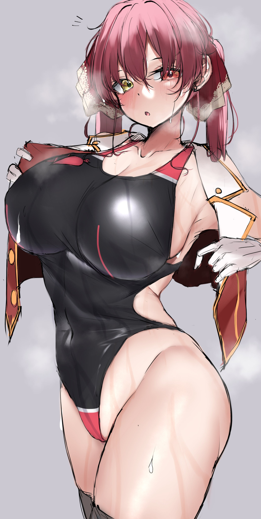 1girl absurdres black_swimsuit blush breasts cleavage covered_navel eyebrows_visible_through_hair gloves heterochromia highleg highleg_swimsuit highres hololive houshou_marine kshimu large_breasts long_hair looking_at_viewer multicolored_clothes multicolored_swimsuit one-piece_swimsuit parted_lips red_eyes red_hair red_swimsuit shiny_swimsuit sketch solo sweat swimsuit twintails undressing virtual_youtuber white_gloves yellow_eyes