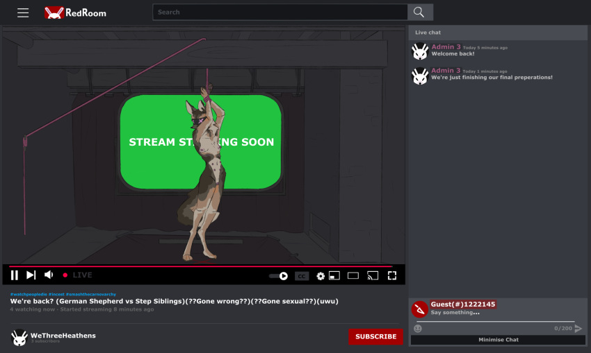 animal_genitalia anthro audience bdsm blindfold bondage bound breasts camera camera_hud camera_view canid canine canis chat chat_box chat_window domestic_dog female forced genitals german_shepherd group herding_dog hi_res livestream mammal nipples nude omnipresentcrayon pastoral_dog public rape recording solo solo_focus