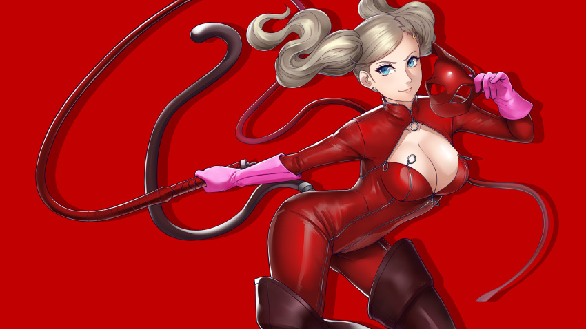 1girl absurdres bent_over blonde_hair blue_eyes blueriest bodysuit breasts cat_mask cat_tail catsuit cleavage closed_mouth cowboy_shot fake_tail full-length_zipper gloves highres latex long_hair looking_at_viewer mask mask_removed medium_breasts persona persona_5 pink_gloves purple_gloves red_background red_bodysuit simple_background smile solo tail takamaki_anne tsurime twintails whip zipper