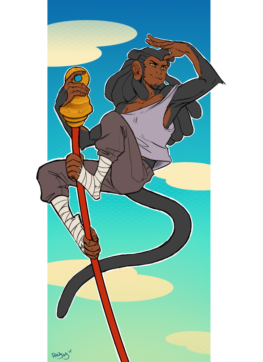 absurd_res anthro beard black_body black_fur brown_body brown_skin clothed clothing dreadlocks facial_hair fur haplorhine hi_res male mallan_mizuri mammal melee_weapon monkey polearm primate rayjay solo staff weapon yellow_eyes