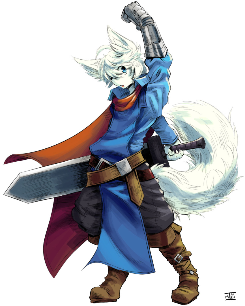 2022 anthro belt boots canid canine canis cape carpetwurm clothed clothing conditional_dnp footwear fully_clothed fur hair hi_res male mammal mechanical_arm melee_weapon open_mouth prosthetic signature solo sword weapon white_body white_fur white_hair wolf
