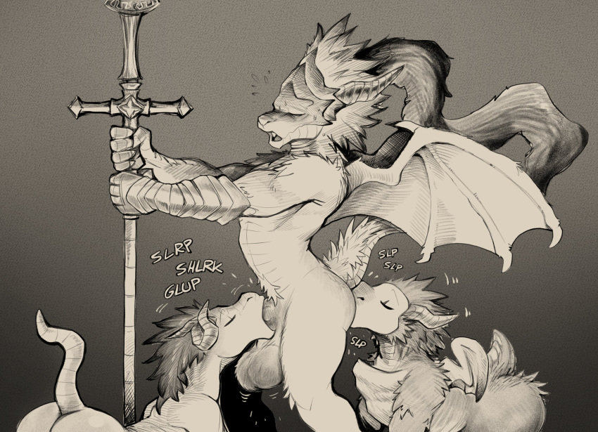 2022 anal anthro anthrofied balls big_balls biped butt daftpatriot dark_souls deep_throat digital_media_(artwork) dragon dragonoid_(dark_souls) dragonslayer_ornstein eyes_closed fellatio fromsoftware genitals grey_background greyscale group group_sex hi_res horn male male/male melee_weapon membrane_(anatomy) membranous_wings monochrome oral penile polearm rimming sex simple_background spear threesome video_games weapon wings