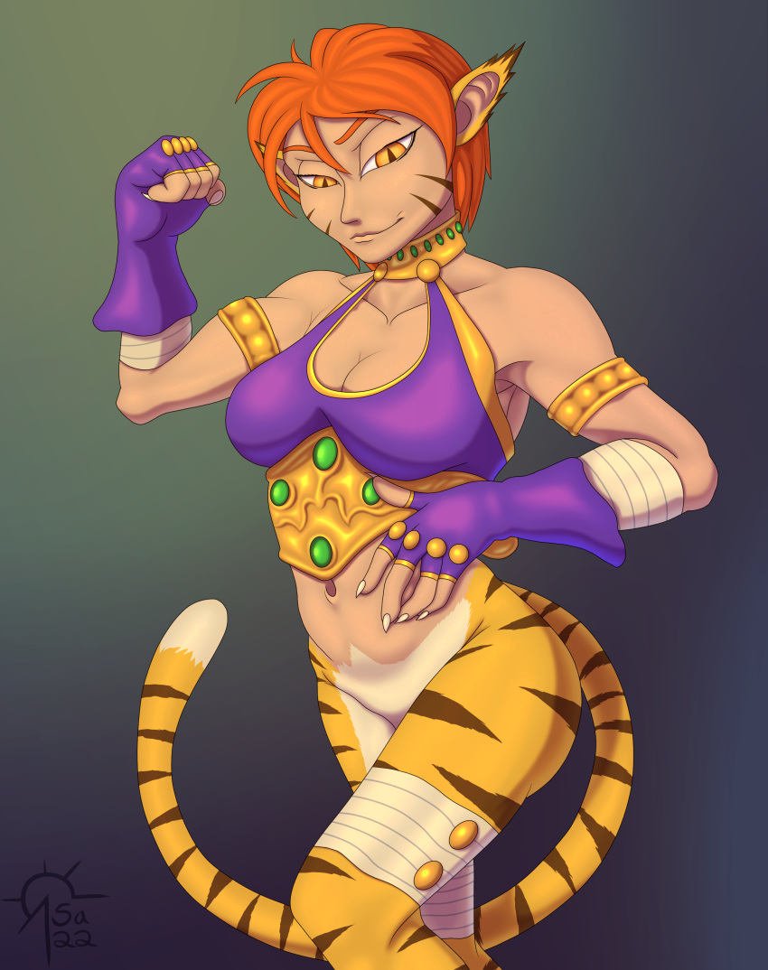 abs absurd_res anthro armor bandage biceps bikini_armor bottomless bracelet breasts breath_of_fire capcom claws clothed clothing collar felid female fingerless_gloves fur gloves hair handwear hi_res humanoid jewelry katt_(breath_of_fire) mammal muscular orange_hair pantherine pupils sacrificabominat slit_pupils solo stripes tiger unconvincing_armor video_games white_body white_fur yellow_body yellow_eyes yellow_fur