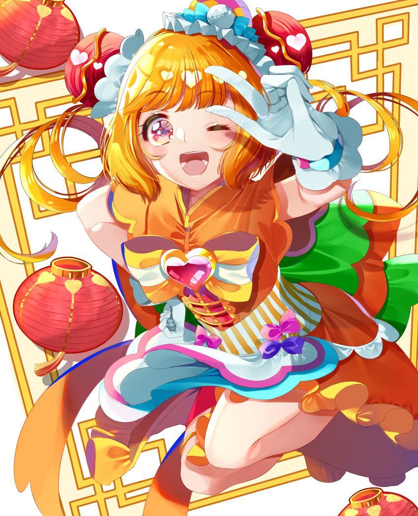 1girl absurdres apron back_bow bow brooch bun_cover cure_yum-yum delicious_party_precure double_bun eyebrows_visible_through_hair gloves hair_between_eyes hanamichi_ran heart_brooch highres huge_bow jewelry jumping lantern looking_at_viewer magical_girl one_eye_closed open_mouth orange_eyes orange_hair orange_skirt paper_lantern precure skirt smile solo v waist_apron white_gloves white_stripes yuutarou_(fukiiincho)