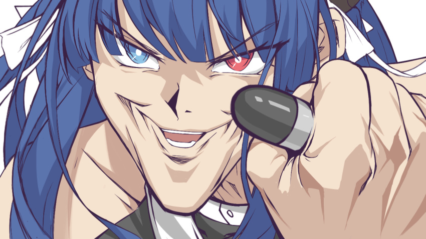 1girl azur_lane blue_eyes blue_hair chinese_commentary commentary_request creepy_chin_joey_wheeler_(meme) face hair_ornament heaven's_melody heterochromia holding ibuki_(azur_lane) meme mixed-language_commentary open_mouth red_eyes smile solo yu-gi-oh! yu-gi-oh!_duel_monsters