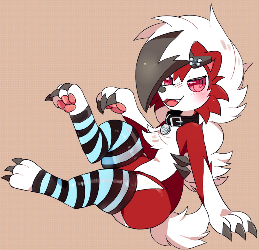 2018 3_toes ambiguous_gender blush chest_tuft claws clothing collar daww digital_media_(artwork) feet feral fiddleafox fur hi_res legwear lycanroc midnight_lycanroc multicolored_body multicolored_fur nintendo open_mouth pattern_clothing pattern_legwear pattern_stockings pawpads piercing pok&eacute;mon pok&eacute;mon_(species) red_body red_eyes red_fur simple_background smile solo stockings striped_clothing striped_legwear striped_stockings stripes toe_claws toes tuft video_games white_body white_fur