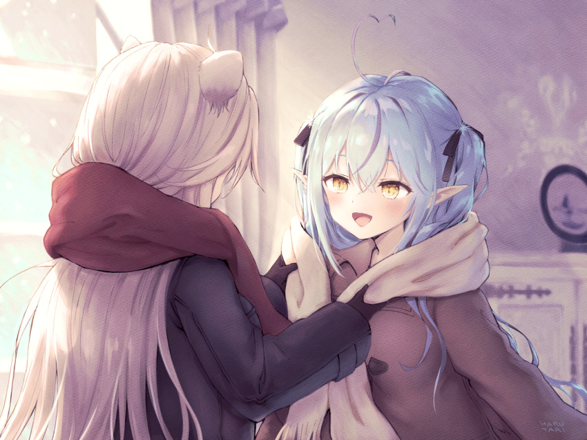 2girls :d ahoge animal_ears bangs black_bow black_coat black_gloves blue_hair blurry blurry_background blush bow brown_coat coat crossed_bangs curtains duffel_coat elf eye_contact gloves hair_bow harutari heart_ahoge hololive indoors leaning_forward lion_ears lion_girl long_hair looking_at_another multiple_girls open_mouth pointy_ears red_scarf scarf shishiro_botan sidelocks silver_hair smile twintails upper_body virtual_youtuber white_scarf window yukihana_lamy