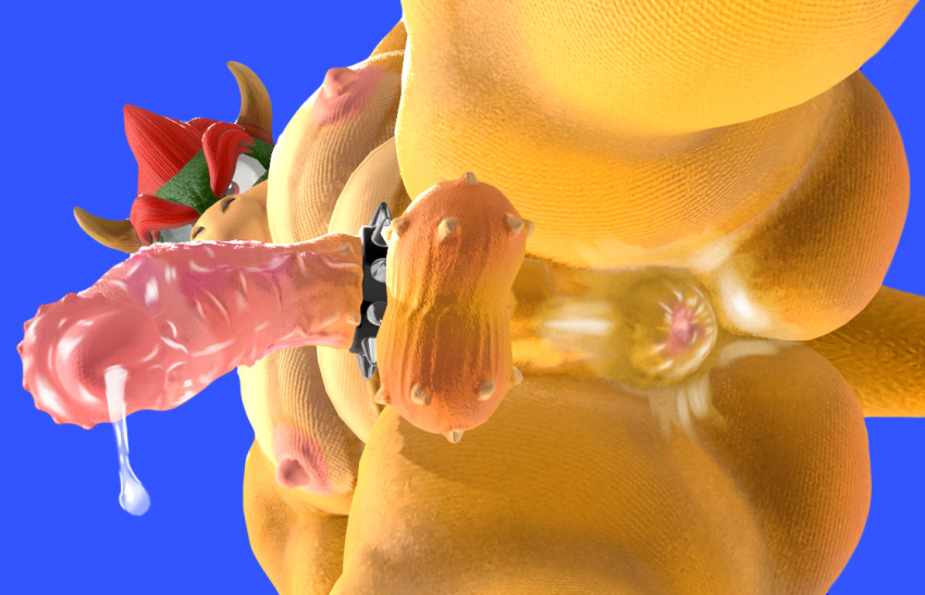 anthro anus balls bodily_fluids bowser butt crotch_shot dripping genital_fluids genitals hair horn isthatweirdguy koopa low-angle_view male mario_bros musclegut nintendo pecs penis precum precum_drip red_hair reptile scalie solo video_games worm's-eye_view