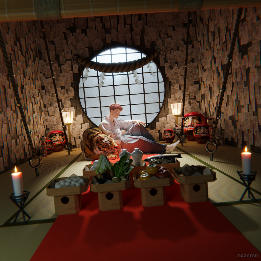 1boy 3d absurdres alcohol animal bell black_hair blurry cabbage candle candlelight candlestand carpet chain daruma_doll depth_of_field dutch_angle eggplant fish food from_side fruit grey_hakama hakama highres indoors itadori_yuuji japanese_clothes jingle_bell jujutsu_kaisen kimono knee_up lantern long_sleeves looking_at_viewer male_focus mochi multicolored_hair nazumu_(user_jnse8833) no_shoes on_floor outstretched_arm paper_lantern pink_hair radish religious_offering rope round_window sake shide shimenawa short_hair sideways_glance sitting solo spiked_hair tabi talisman tatami tiger tokkuri two-tone_hair undercut vegetable white_legwear window