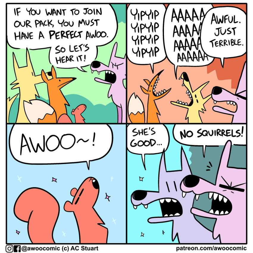 ac_stuart ambiguous_gender awoo_(ac_stuart) blue_background canid canine canis comic coyote dialogue emanata english_text eyebrows eyes_closed fangs feral fox fur group howl kevin_(ac_stuart) mammal open_mouth orange_body orange_fur orange_tail pink_body pink_fur pink_wolf_(ac_stuart) rodent sciurid simple_background size_difference sparkles speech_bubble teeth text white_tail wolf yellow_body yellow_fur