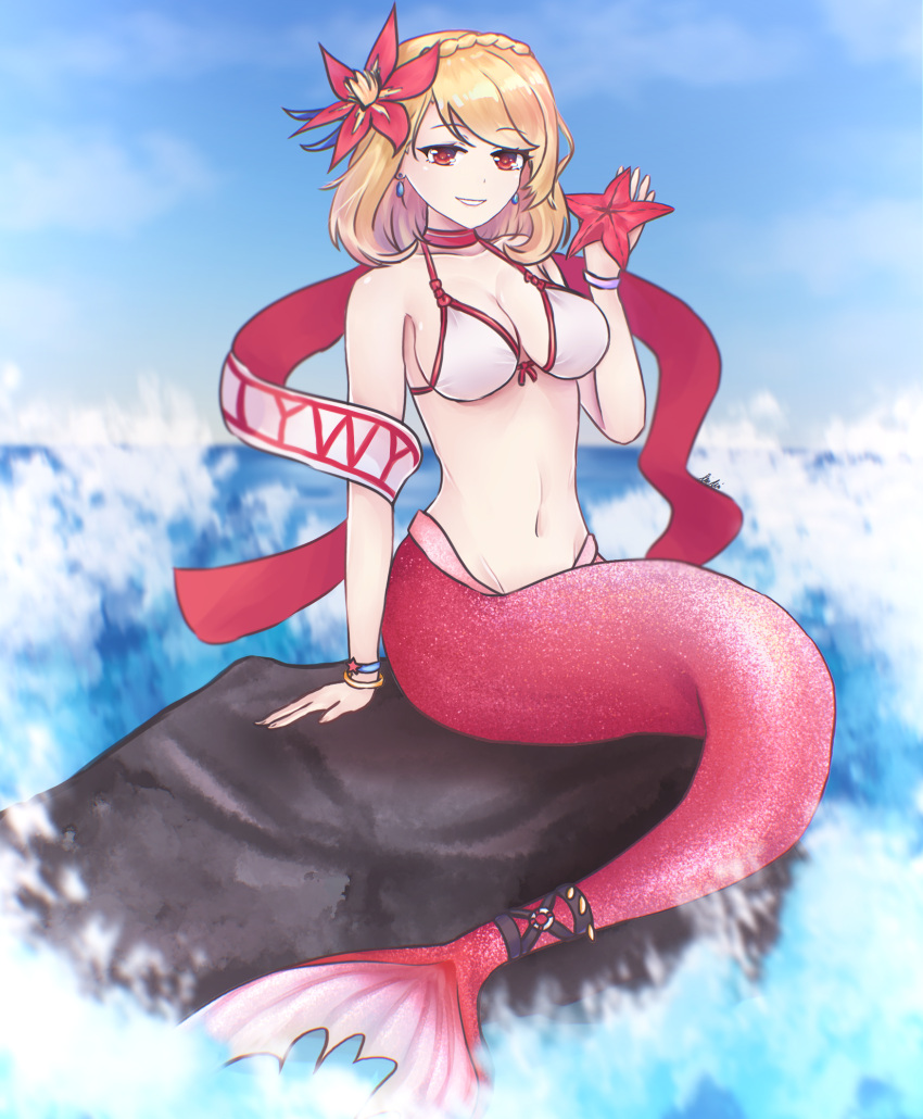 1girl alternate_costume arm_support azur_lane bangs bare_shoulders bikini bikini_top_only blonde_hair blue_sky braid breasts cleavage collarbone crown_braid earrings english_commentary eyebrows_visible_through_hair full_body hair_ornament highres holding jewelry looking_at_viewer medium_breasts medium_hair mermaid monster_girl navel ocean open_mouth parted_lips prince_of_wales_(azur_lane) pumpkinpaii red_eyes shell shell_bikini simple_background sitting sky smile solo starfish stone swimsuit teeth water white_bikini