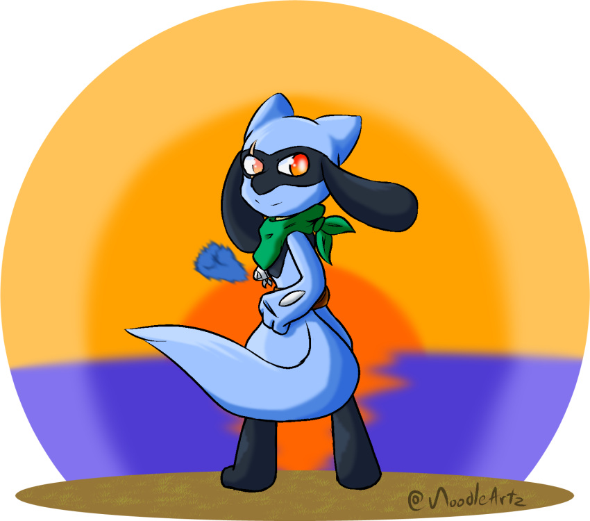 ambiguous_gender amputated_arm animal_humanoid aura bandage canid canid_humanoid canine canine_humanoid hi_res humanoid looking_at_viewer looking_back looking_back_at_viewer mammal mammal_humanoid nintendo noodleartz paws pok&eacute;mon pok&eacute;mon_(species) pok&eacute;mon_mystery_dungeon riolu rya_(noodleartz) satchel scar_over_eye scarf smile solo_focus standing sunset video_games
