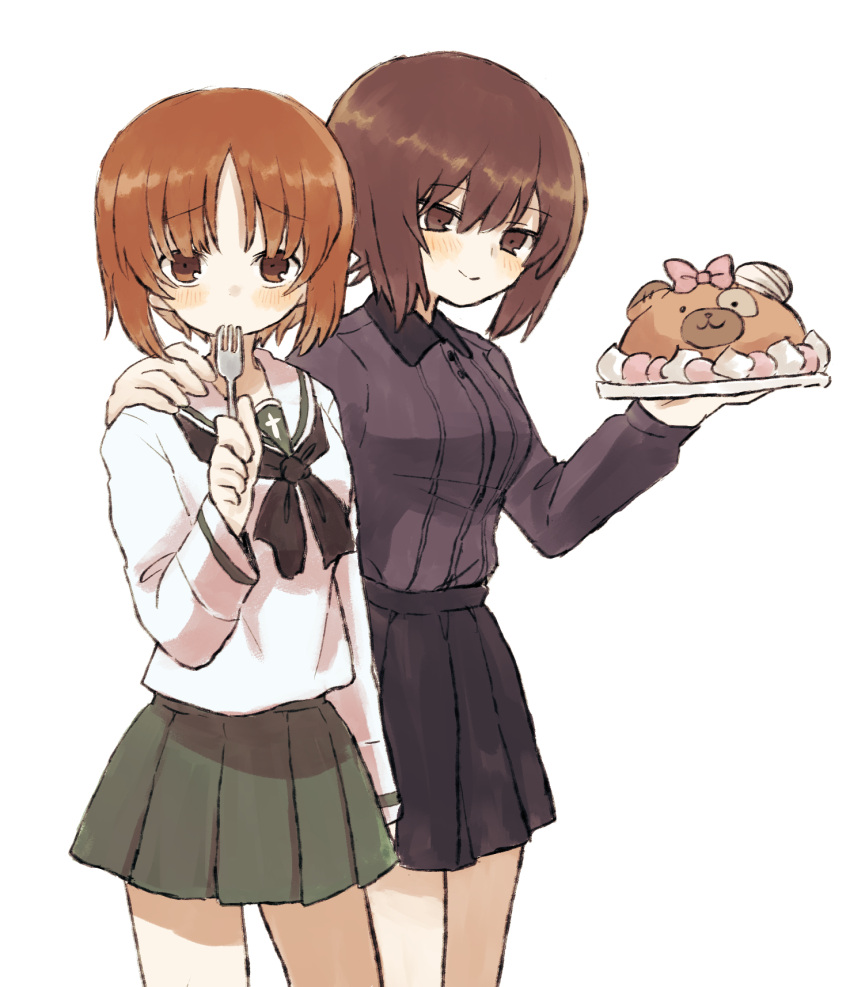 2girls bangs black_neckerchief black_skirt blouse boko_(girls_und_panzer) brown_eyes brown_hair cake closed_mouth commentary dress_shirt eyebrows_visible_through_hair food fork girls_und_panzer green_skirt grey_shirt hand_on_another's_shoulder highres holding holding_fork kuromorimine_school_uniform long_sleeves looking_at_viewer miniskirt multiple_girls neckerchief nishizumi_maho nishizumi_miho ooarai_school_uniform pleated_skirt ri_(qrcode) sailor_collar school_uniform shirt short_hair siblings side-by-side simple_background sisters skirt smile standing white_background white_blouse white_sailor_collar wing_collar