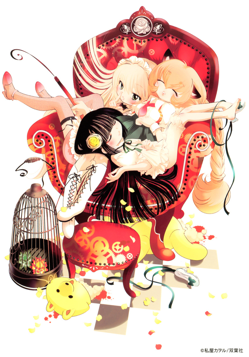 animal_ears black_hair blonde_hair boots braid brown_hair cage chair closed_eyes dress finger_to_mouth fishnet_legwear fishnets flower hair_flower hair_ornament headdress high_heels highres hime_cut kagami_kuro kemonomimi_mode knee_boots kodomo_no_jikan kokonoe_rin long_hair lying multiple_girls official_art petals ribbon shoes single_shoe sitting sleeping stuffed_animal stuffed_toy teddy_bear thighhighs usa_mimi very_long_hair watashiya_kaworu yellow_eyes