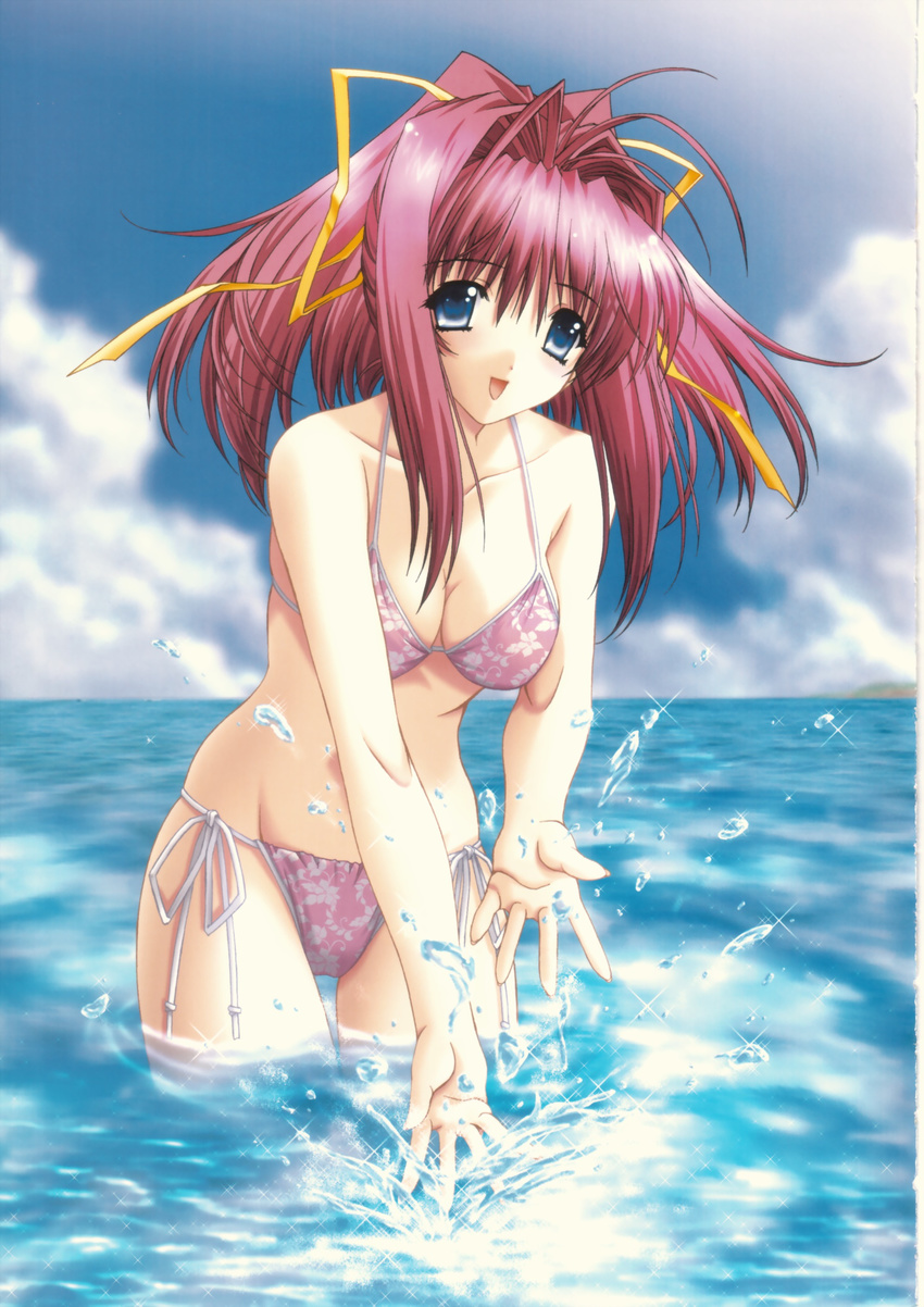 3ldk :d absurdres antenna_hair beach bikini blue_eyes breasts cleavage cloud day hair_intakes hair_ribbon highres kimizuka_aoi medium_breasts ocean open_mouth outdoors pink_hair ponytail ribbon senoo_chihogi side-tie_bikini sky smile solo splashing swimsuit thigh_gap wading water