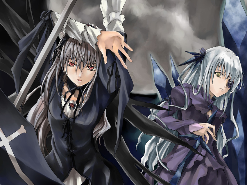 barasuishou black_dress black_wings crystal dress expressionless flower flower_eyepatch frilled_sleeves frills hairband highres holding holding_sword holding_weapon kurokoeda lolita_hairband long_sleeves looking_at_viewer multiple_girls parted_lips purple_dress red_eyes rose rozen_maiden silver_hair suigintou sword weapon wings