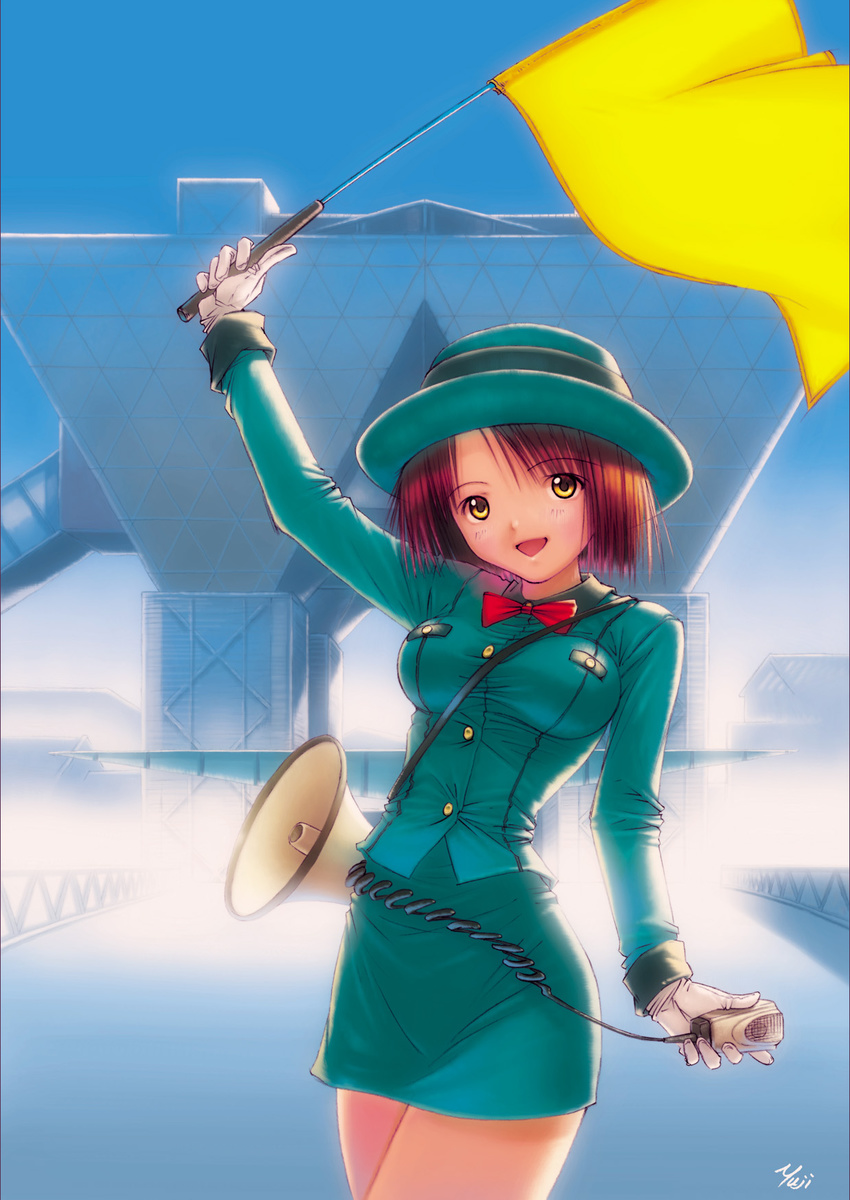 copyright_request flag gloves hat highres kobayashi_yuuji long_sleeves megaphone miniskirt pencil_skirt shiny skirt solo tight tokyo_big_sight tour_guide yellow_eyes