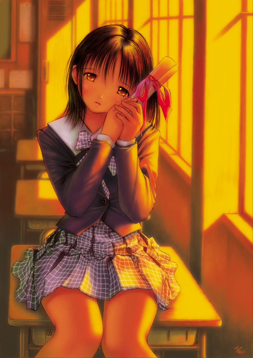 copyright_request diploma graduation highres kobayashi_yuuji long_sleeves sad school_uniform sitting skirt solo tears