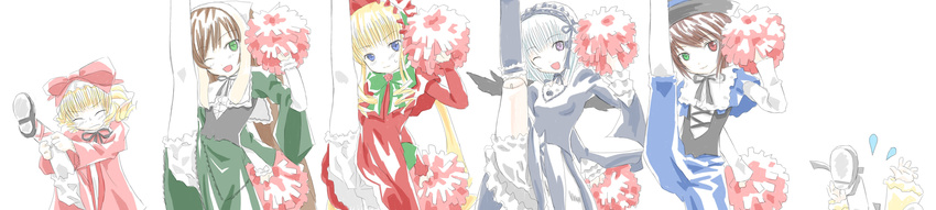 absurdres artist_request blonde_hair bloomers bow everyone highres hina_ichigo kanaria kicking long_image long_sleeves multiple_girls pink_bow rozen_maiden shinku shoes siblings sisters souseiseki suigintou suiseiseki twins underwear wide_image