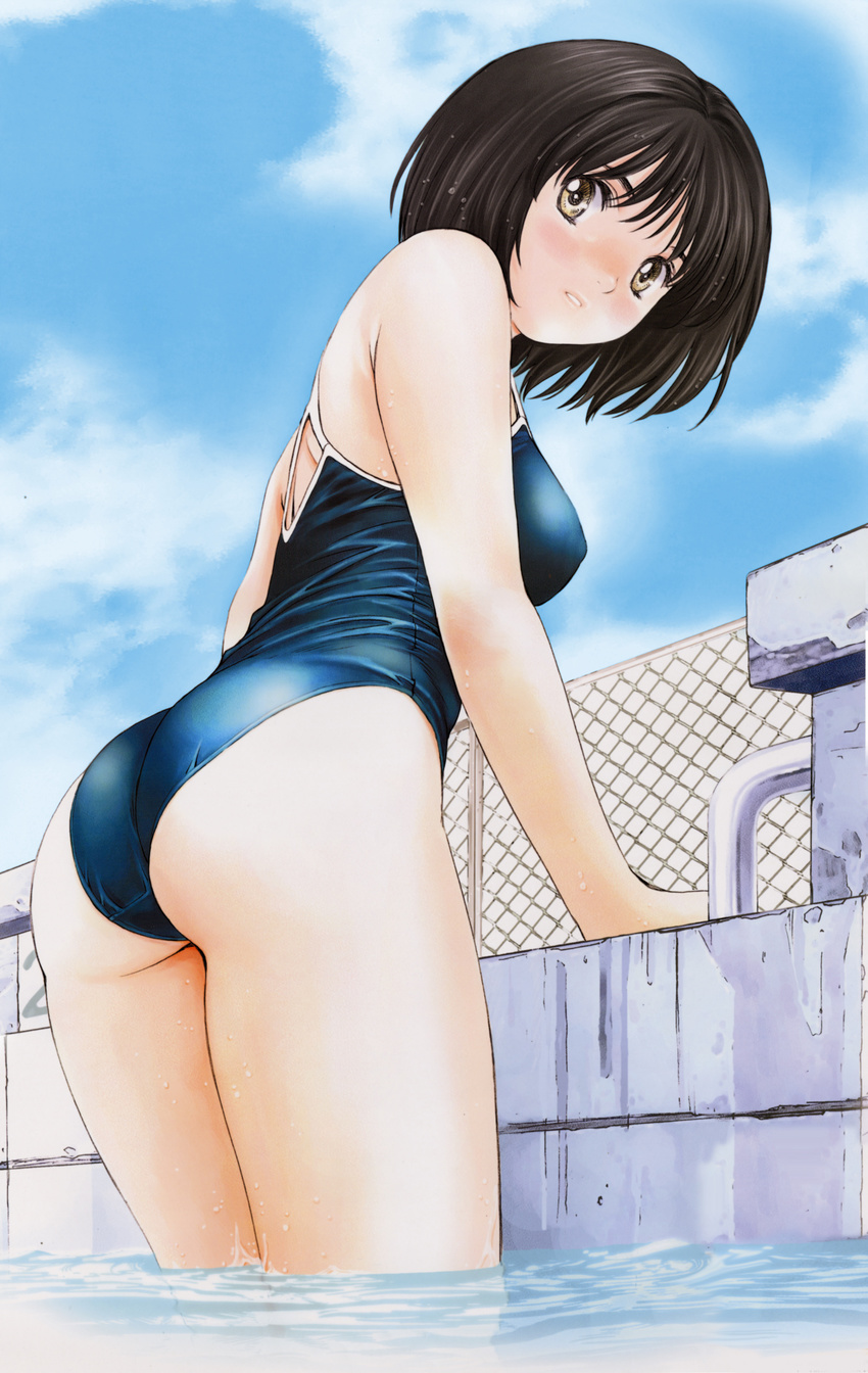 absurdres ass breasts chain-link_fence competition_school_swimsuit day fence from_behind from_below highres kobayashi_hiyoko looking_at_viewer medium_breasts official_art oku-sama_wa_joshi_kousei one-piece_swimsuit onohara_asami outdoors pool poolside school_swimsuit solo standing starting_block swimsuit wading wet