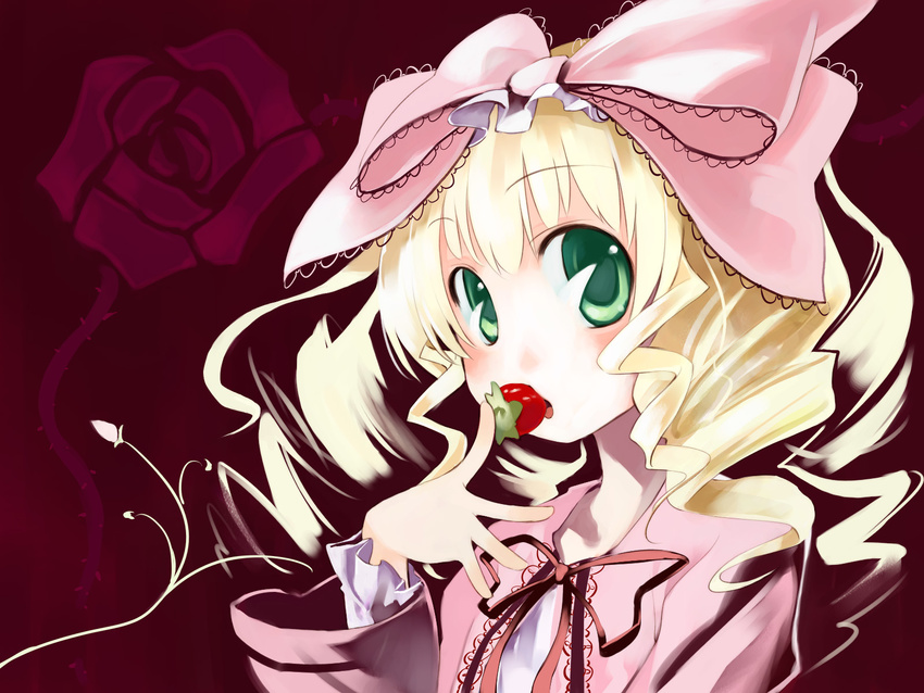 blonde_hair bow food fruit green_eyes highres hina_ichigo long_sleeves object_namesake pink_bow rozen_maiden solo strawberry ushiki_yoshitaka wallpaper