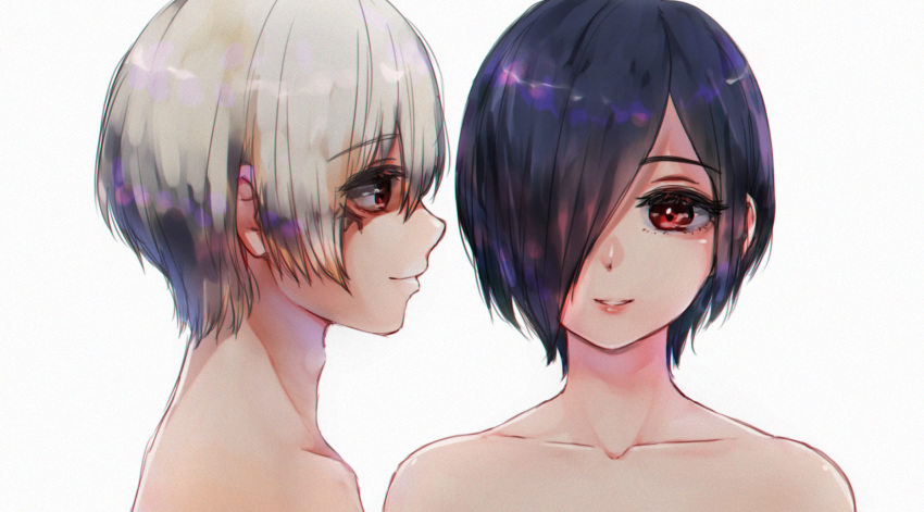 1boy 1girl bare_shoulders closed_mouth collarbone commentary_request eyebrows_visible_through_hair face from_side hair_between_eyes hair_over_one_eye highres kaneki_ken kirishima_touka lips long_eyelashes looking_at_another megane_shinchuu one_eye_covered open_eyes open_mouth out_of_frame purple_hair red_eyes short_hair simple_background smile tokyo_ghoul tokyo_ghoul:re white_background white_hair
