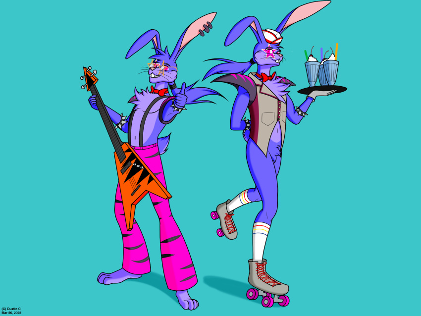 2022 anthro anthro_only bow_tie bunny_ears_(disambiguation) clothed clothing colored digital_media_(artwork) dustin_c five_nights_at_freddy's five_nights_at_freddy's:_security_breach fur glamrock_bonnie_(fnaf) hair hat headgear headwear hi_res lagomorph leporid looking_at_viewer male mammal purple_body purple_fur purple_hair rabbit rabbit_ears scott_cawthon scottgames shaded simple_background smile solo video_games