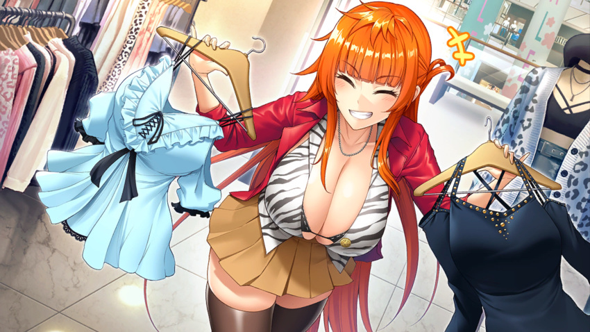 &gt;_&lt; 1girl :d action_taimanin bent_over black_bra bra breasts cleavage closed_eyes clothes_hanger clothing_store eyebrows_visible_through_hair highres holding holding_clothes huge_breasts jacket jewelry kamimura_maika long_hair mall necklace non-web_source orange_hair red_jacket skindentation skirt smile taimanin_(series) thighhighs underwear xd
