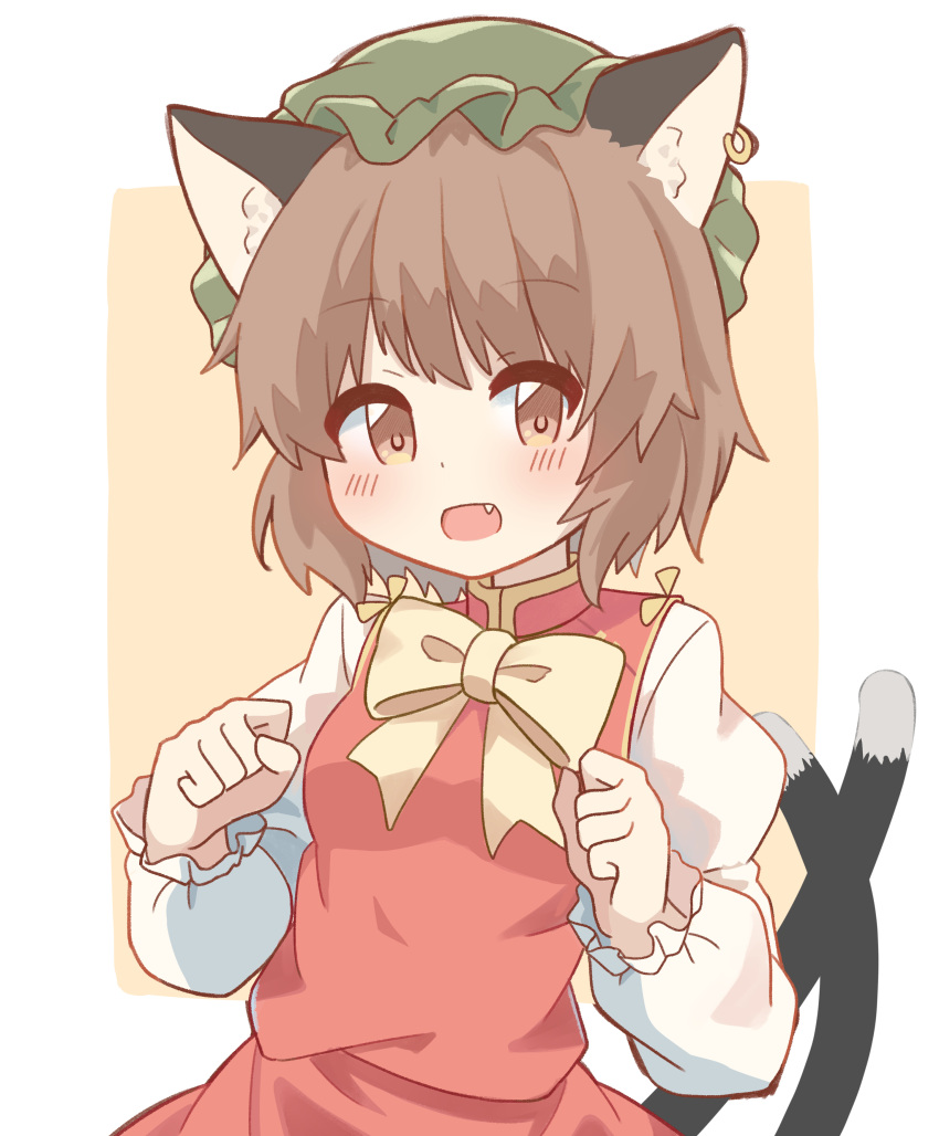 1girl absurdres animal_ear_fluff animal_ears blush bow bowtie brown_eyes brown_hair cat_ears cat_tail chen earrings eyebrows_visible_through_hair fang green_headwear hat highres jewelry long_sleeves looking_at_viewer mob_cap multiple_tails nekomata open_mouth ryoku_sui shirt short_hair single_earring smile solo tail touhou two_tails vest white_neckwear white_shirt