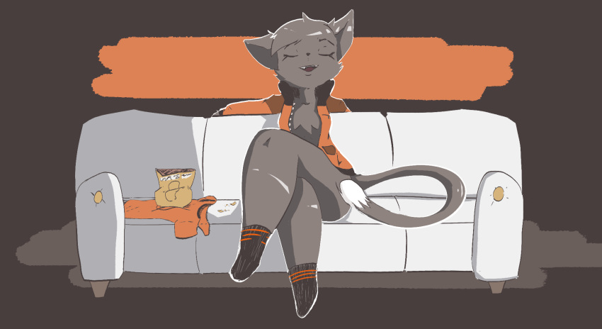 anthro breasts brown_body brown_fur cheek_tuft chips_(food) cleavage clothed clothing crossed_legs domestic_cat facial_tuft fangs feli(species) felid feline felis female food footwear fur furniture happy hi_res jacket jacket_only mammal meo_nyagiya mostly_nude no_pants no_underwear on on_sofa orange_clothing orange_jacket orange_topwear pleased_expression relaxed_expression relaxing shirt_off shirtless simple_background sitting sitting_on_sofa socks sofa solo solo_focus tail_tuft thekitsunegamer thick_thighs topwear tuft