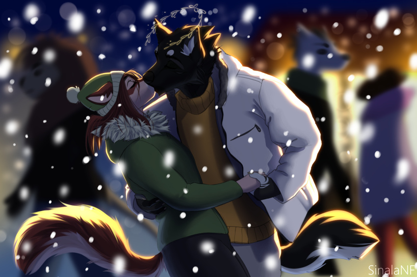 2021 anthro blurred_background bottomwear canid canine canis clothing crowd domestic_dog duo_focus eyes_closed female fur group hi_res jacket kissing male mammal nonbinary_(lore) pants sinalanf skylar_zero snow sweater topwear wolf