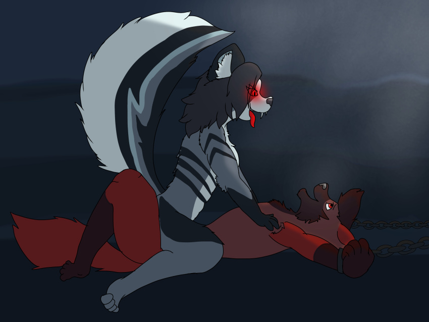 anthro big_tail canid canine canis chain dev0nthe3055 dominant dominant_female duo female fox glowing glowing_eyes hannah_(dev0nthe3055) hi_res larger_female long_fangs looking_pleasured male male/female mammal medium_hair night riding size_difference stripes submissive submissive_male tongue tongue_out vampire wolf