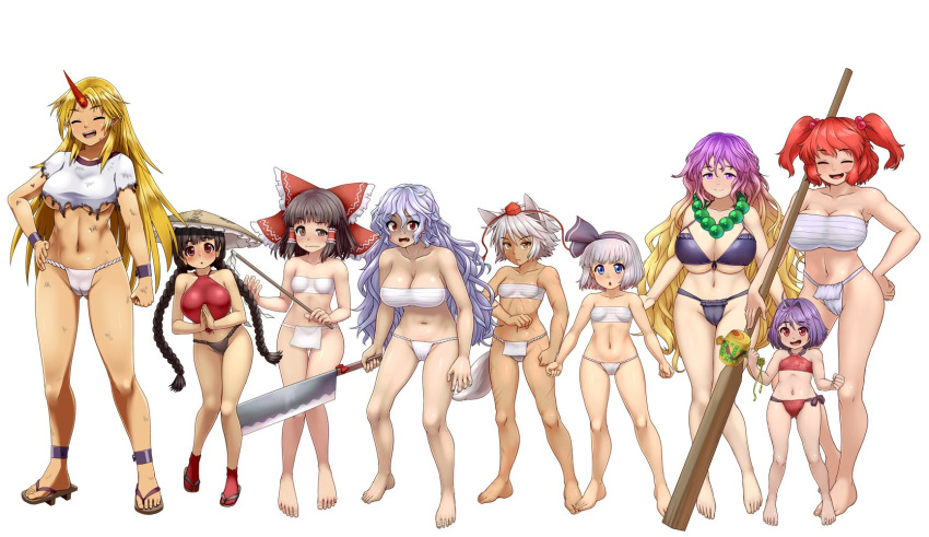 :o :s abs ajirogasa armpit_peek barefoot beads bikini black_bikini black_fundoshi black_hair bow braid breasts brown_eyes brown_hair burnt_clothes closed_eyes collarbone cuffs d.koutya fang flat_chest fundoshi geta gohei gradient_hair hair_bobbles hair_bow hair_ornament hakurei_reimu hashitsuki_nata hat highres hijiri_byakuren horns hoshiguma_yuugi huge_breasts inubashiri_momiji japanese_clothes konpaku_youmu large_breasts long_hair medium_breasts medium_hair miracle_mallet multicolored_hair nata_(tool) navel no_bra onozuka_komachi prayer_beads purple_eyes purple_hair red_bikini red_bow red_eyes red_hair red_horns red_legwear red_swimsuit sakata_nemuno sarashi scar shackles shirt short_hair silver_hair simple_background single_horn small_breasts smile sukuna_shinmyoumaru swimsuit t-shirt tabi tan touhou twin_braids two_side_up underboob wavy_hair white_background white_hair white_shirt yatadera_narumi yellow_eyes