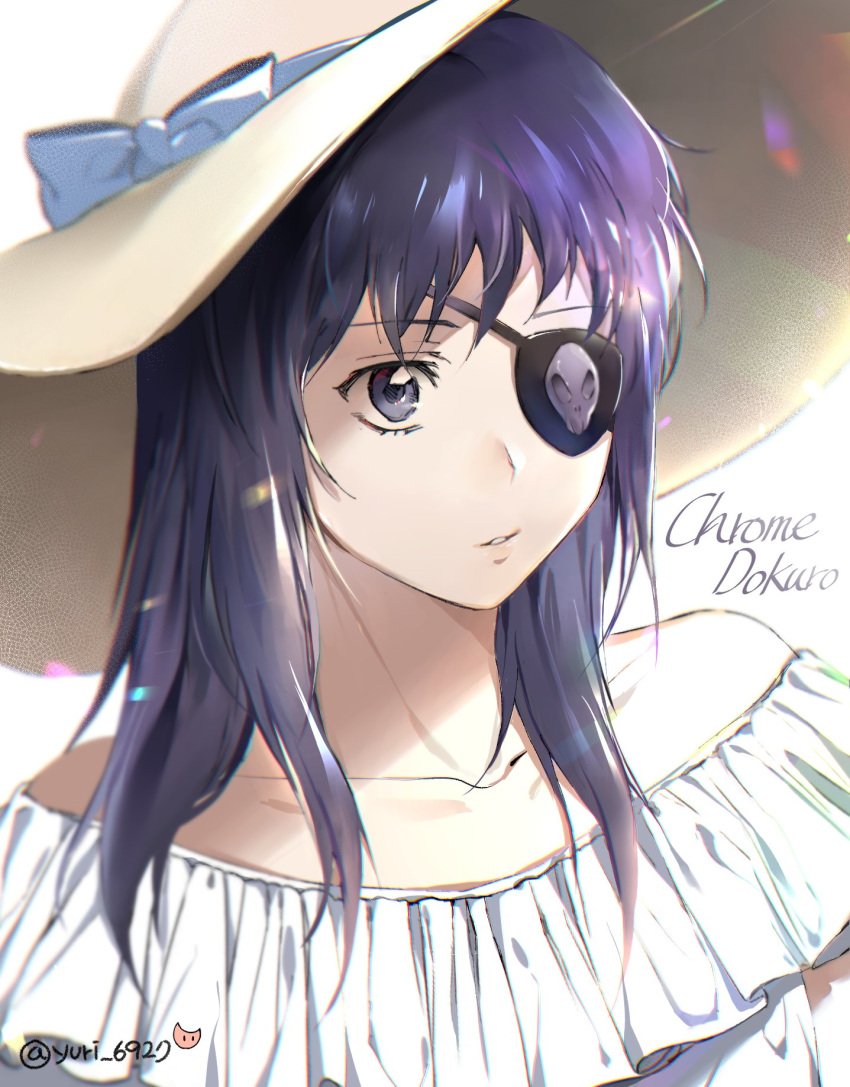 1girl bare_shoulders bow character_name chrome_dokuro collarbone dress eyepatch hat hat_bow highres katekyo_hitman_reborn! long_hair purple_eyes purple_hair simple_background solo white_background