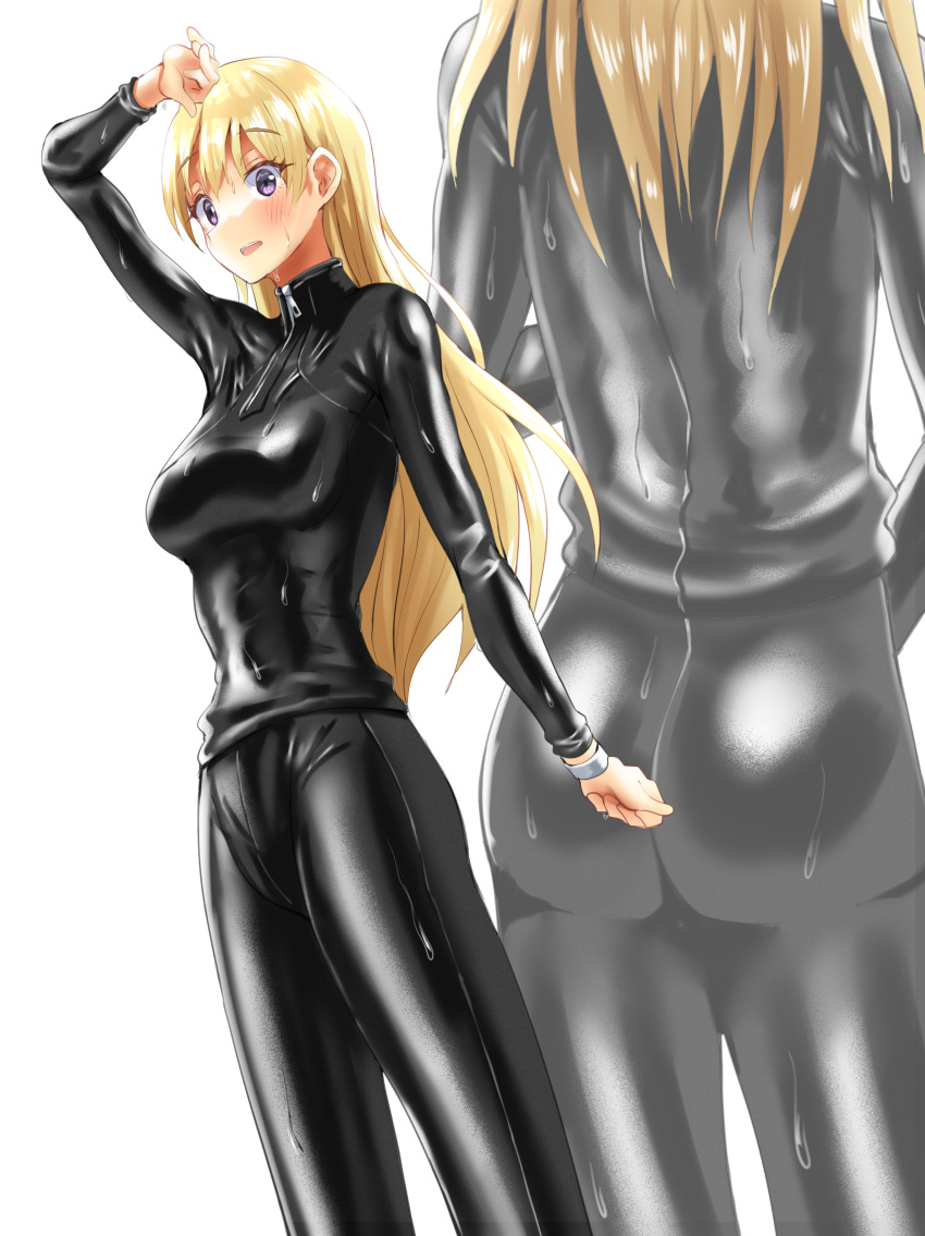 1girl absurdres akebi-chan_no_serafuku ass black_bodysuit black_wetsuit blonde_hair bodysuit commentary_request cowboy_shot highres kizaki_erika kolby long_hair multiple_views purple_eyes simple_background standing wet wetsuit white_background zoom_layer