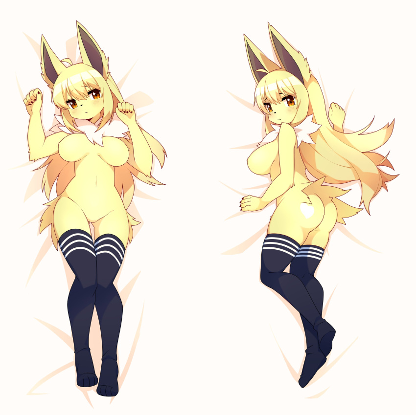 2022 4_toes 5_fingers absurd_res ahoge anthro anthrofied big_breasts bird's-eye_view blonde_hair blush breasts butt claws clothing dakimakura_design devil-vox eeveelution featureless_breasts featureless_crotch feet female finger_claws fingers footwear footwear_only fur hair hi_res high-angle_view jolteon kemono legwear long_hair looking_at_viewer looking_back lying mostly_nude multiple_images navel neck_tuft nintendo on_back on_side pok&eacute;mon pok&eacute;mon_(species) pok&eacute;morph side_boob socks socks_only solo thigh_highs toes tuft video_games white_body white_fur yellow_eyes