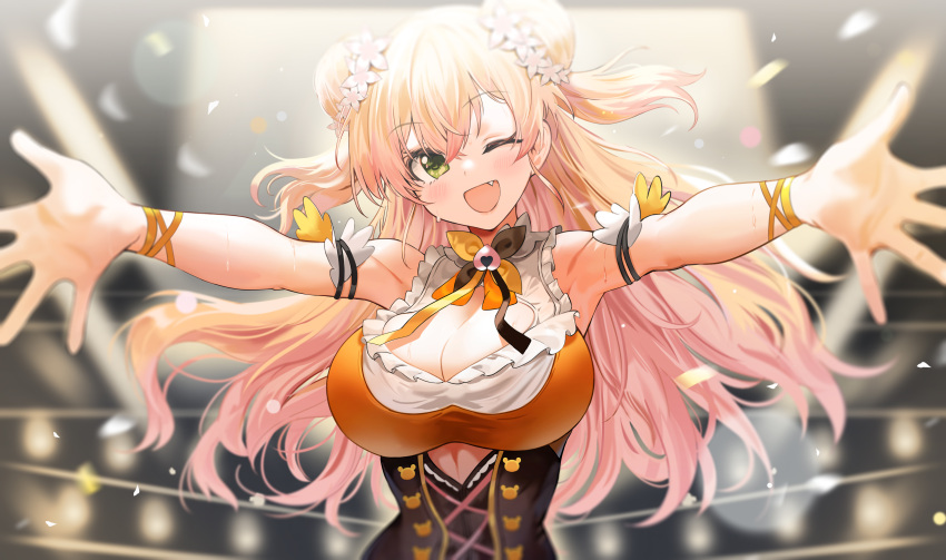 1girl ;d absurdres armpits bangs blonde_hair blush bodice bracelet breasts cleavage corset cutout_above_navel double_bun fang flower green_eyes hair_flower hair_ornament happy_birthday highres hololive idol jewelry large_breasts long_hair looking_at_viewer momosuzu_nene one_eye_closed outstretched_arms smile solo spotlight spread_arms sweat two_side_up underbust upper_body virtual_youtuber yuki_(asayuki101)